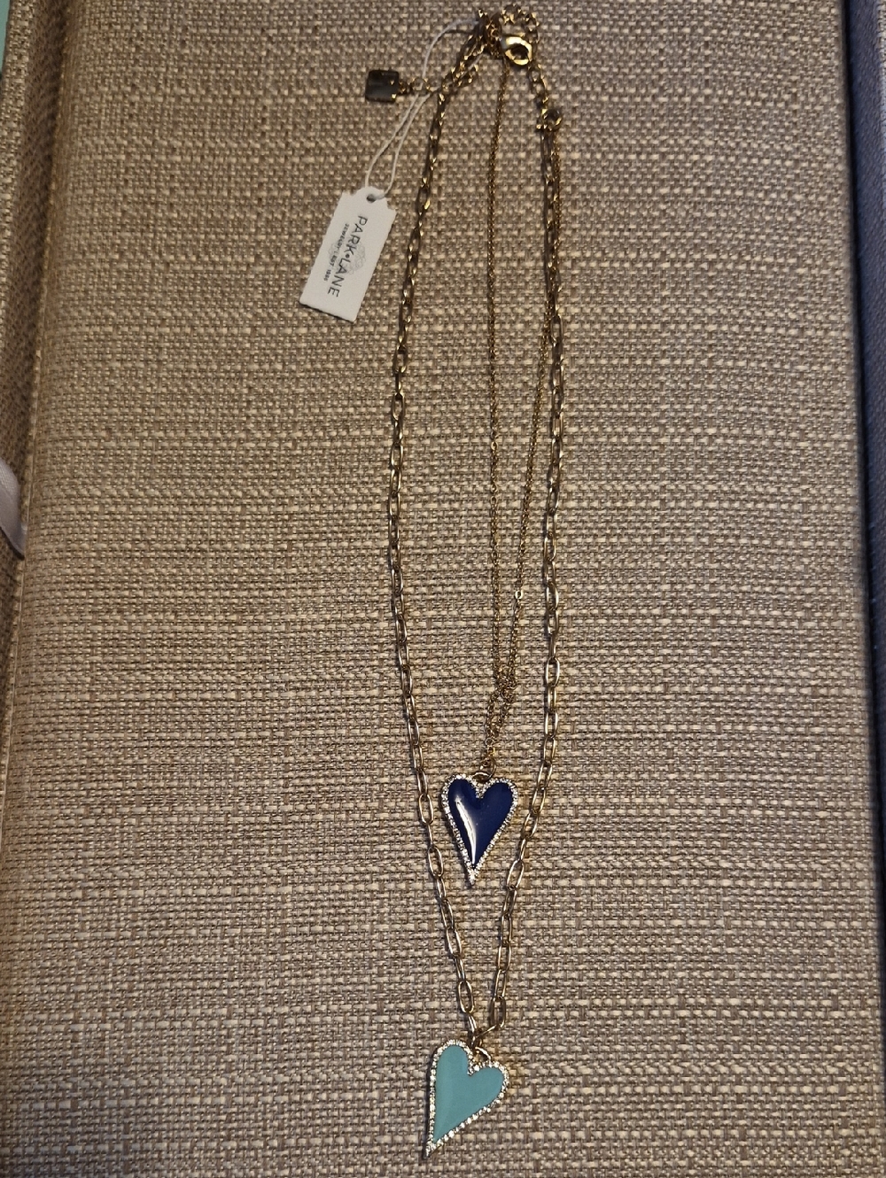 Park Lane Gold Double Heart Necklace with Navy and Teal Enamel